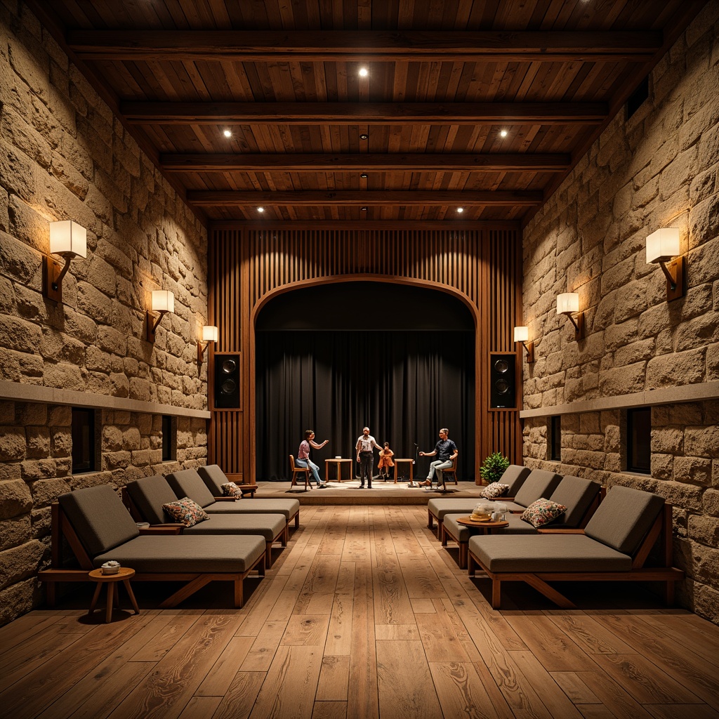 Prompt: Rustic performing arts center, textured stone walls, earthy tones, wooden accents, vintage stage lights, distressed wood flooring, cozy seating areas, intimate setting, warm soft lighting, natural materials, earthy colors, organic shapes, asymmetrical composition, shallow depth of field, realistic textures, ambient occlusion.