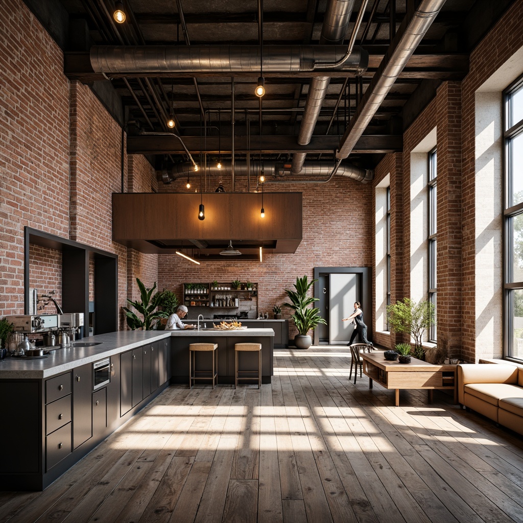 Prompt: Exposed brick walls, metal beams, reclaimed wood flooring, industrial-style lighting fixtures, vintage machinery, distressed textures, urban loft atmosphere, modern minimalist decor, functional pipes, concrete countertops, Edison bulbs, metallic accents, neutral color palette, open-plan layout, high ceilings, natural light pouring in, shallow depth of field, 3/4 composition, realistic materials, ambient occlusion.