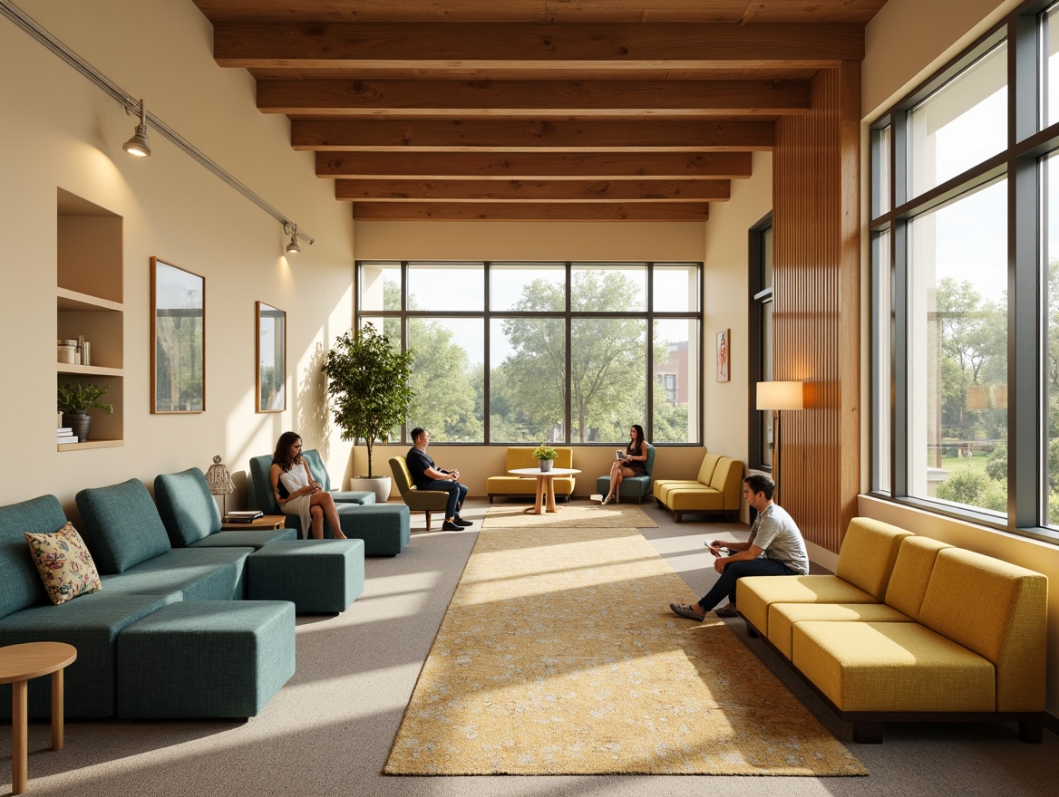 Prompt: Vibrant student lounge, cozy seating areas, warm beige walls, rich wood accents, calming blue-green hues, soothing yellow tones, natural textiles, plush carpets, comfortable sofas, modern minimalist decor, abundant natural light, soft warm lighting, 3/4 composition, realistic textures, ambient occlusion.