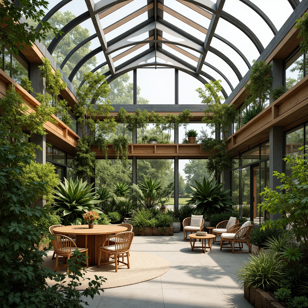 Prompt: Vibrant greenhouse interior, lush tropical plants, natural wood accents, minimalist metal frames, curved glass walls, retractable roofs, automated irrigation systems, eco-friendly textiles, wicker furniture, rattan chairs, reclaimed wood tables, living green walls, vertical gardens, soft diffused lighting, warm earthy tones, organic shapes, sustainable materials, 3/4 composition, shallow depth of field, realistic textures, ambient occlusion.