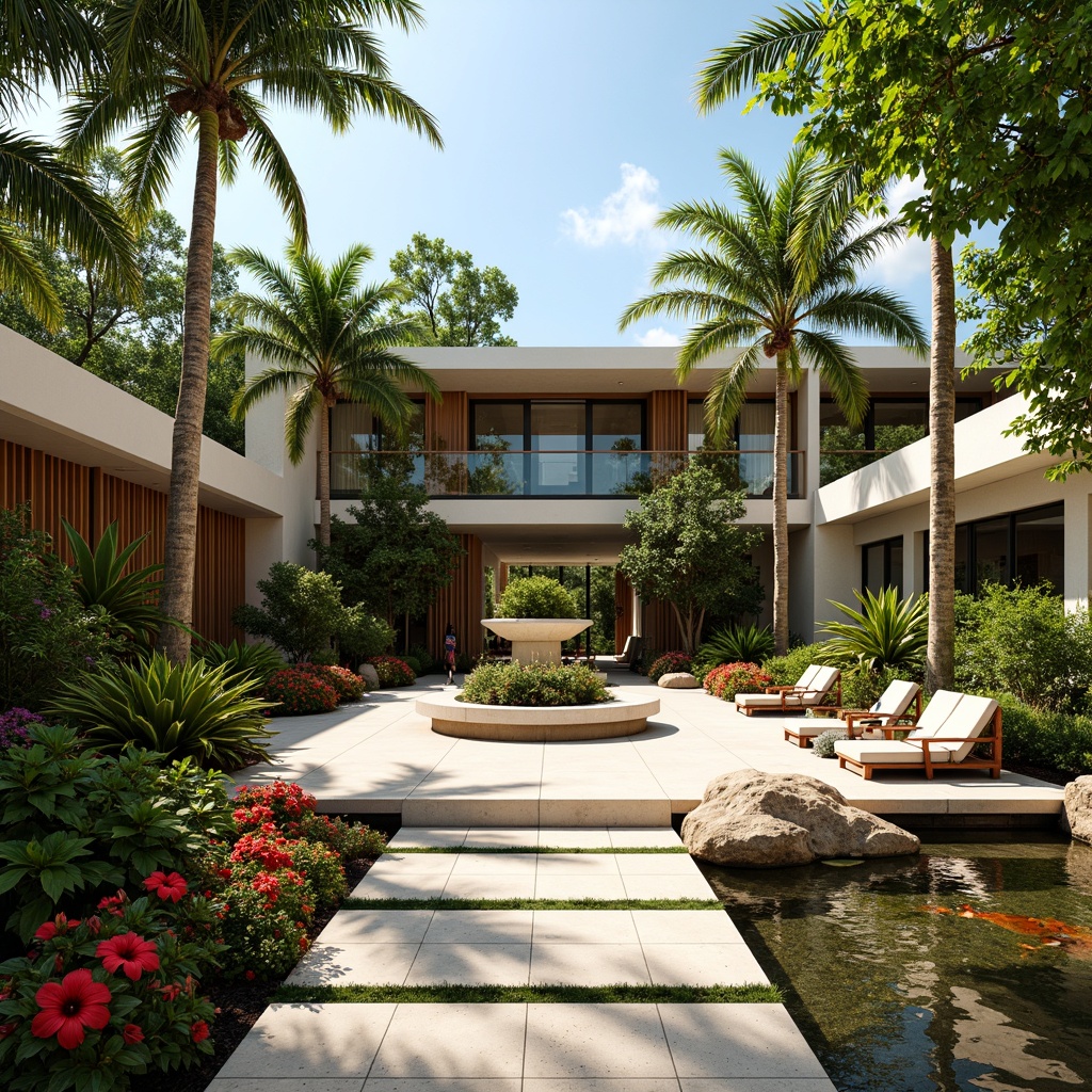 Prompt: Tropical courthouse exterior, lush green palms, vibrant hibiscus flowers, natural stone walkways, wooden benches, modern tropical architecture, large overhanging roofs, glass walls, sliding doors, warm sunny day, soft diffused lighting, shallow depth of field, 3/4 composition, panoramic view, realistic textures, ambient occlusion, exotic hardwood decking, colorful tropical plants, elegant water features, serene koi ponds, natural rock formations, intricate stonework.