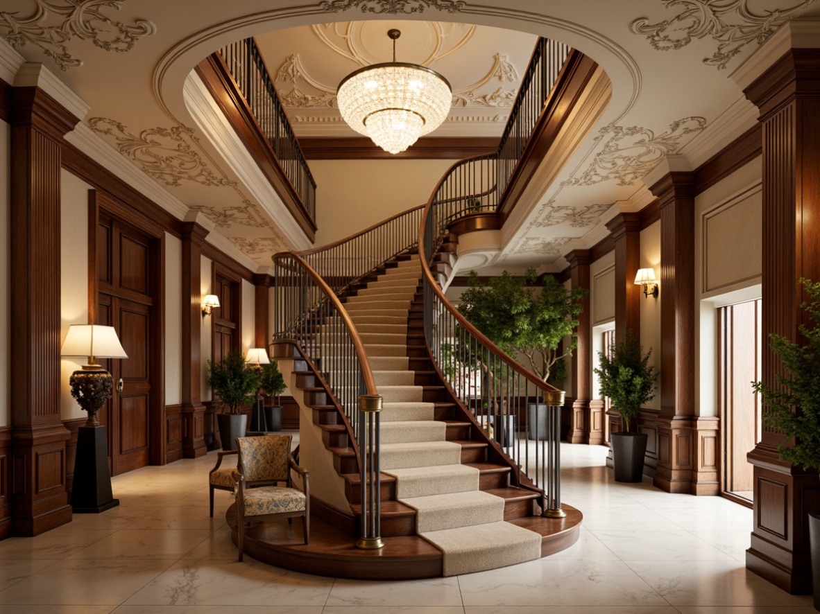 Prompt: Opulent staircase, intricately carved wooden banisters, polished brass handrails, richly textured velvet upholstery, ornate metalwork, subtle warm lighting, luxurious soft carpeting, elegant curved lines, refined Victorian-era inspiration, sophisticated neutral color palette, cream-colored marble flooring, decorative plaster ceiling, lavish crystal chandeliers, serene atmospheric ambiance, 1/1 composition, shallow depth of field, realistic textures.