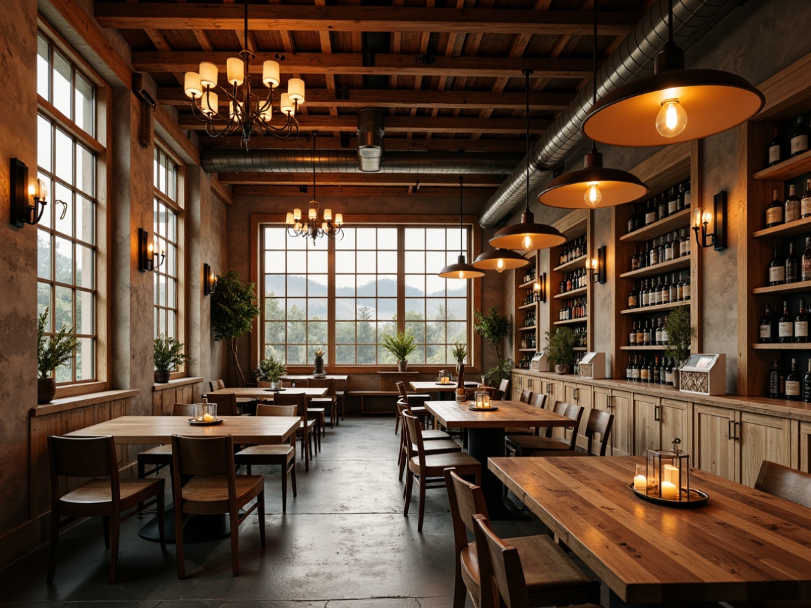 Prompt: Rustic winery interior, warm ambiance, wooden barrel tables, dimmable pendant lights, metal lanterns, candle-like chandeliers, earthy tone walls, stone floors, large windows, natural light pouring in, soft warm glow, cozy atmosphere, wine tasting area, modern industrial design, exposed ductwork, reclaimed wood accents, elegant LED lighting, sophisticated chandelier, ambient shadowing, 1/2 composition, soft focus effect.