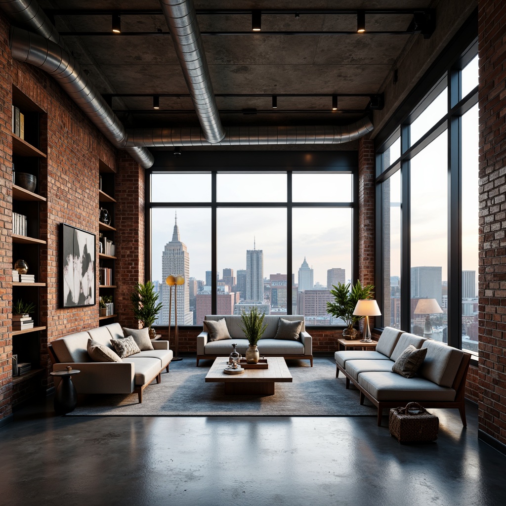 Prompt: Urban penthouse, industrial chic decor, exposed brick walls, metal beams, polished concrete floors, minimalist furniture, reclaimed wood accents, floor-to-ceiling windows, cityscape views, modern track lighting, industrial-style lamps, metallic color scheme, luxurious textiles, sleek lines, open-plan living area, cozy reading nook, built-in shelving, panoramic city view, dramatic architectural details, high-contrast lighting, shallow depth of field, 1/1 composition, realistic textures.