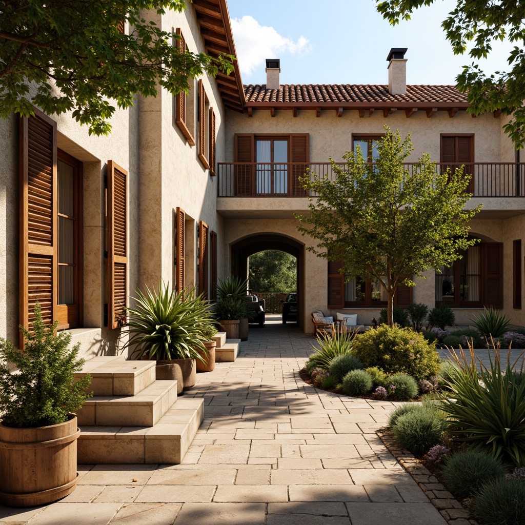 Prompt: Warm villa exterior, rustic stone walls, earthy tone terracotta roofs, lush greenery, Mediterranean plants, wooden shutters, ornate metal railings, weathered wood accents, natural stonework, distressed finishes, soft warm lighting, shallow depth of field, 1/1 composition, realistic textures, ambient occlusion, tranquil atmosphere, serene villa courtyard.