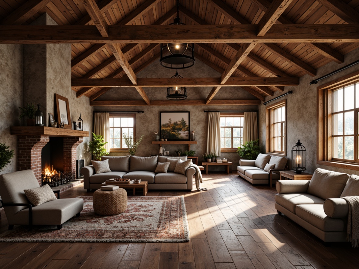 Prompt: Rustic farmhouse interior, reclaimed wooden beams, vintage metal lanterns, exposed brick walls, distressed wood flooring, plush area rugs, cozy throw blankets, natural stone fireplaces, earthy color palette, warm ambient lighting, soft shadows, shallow depth of field, 1/1 composition, realistic textures, ambient occlusion.