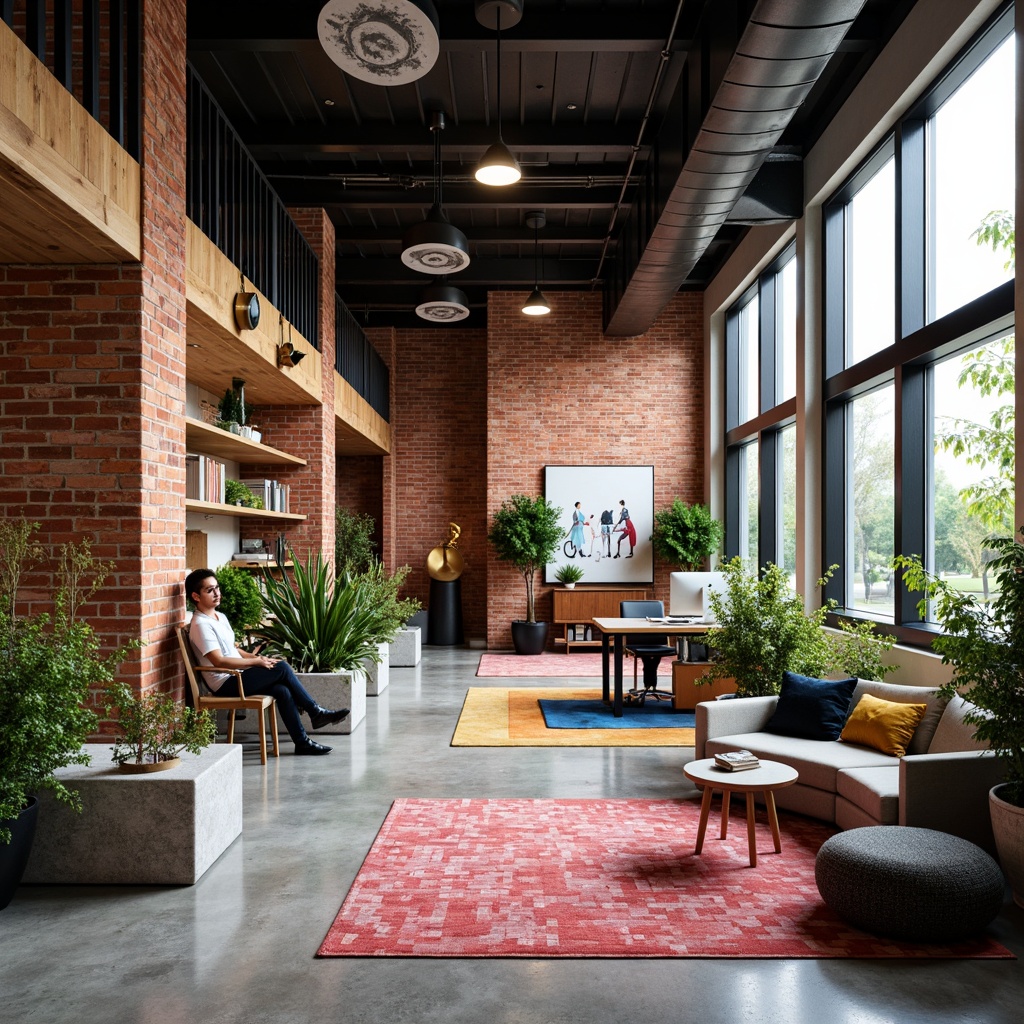 Prompt: Vibrant eclectic office, exposed brick walls, polished concrete floors, reclaimed wood accents, industrial metal beams, modern minimalist desks, ergonomic chairs, eclectic artwork, colorful rugs, plush throw pillows, natural stone planters, lush greenery, flexible open layouts, collaborative workspaces, cozy nooks, statement lighting fixtures, bold color schemes, textured fabrics, mixed metallic tones, abstract sculptures, funky patterned tiles, adaptive reuse of industrial materials, airy high ceilings, abundant natural light, soft warm ambiance, shallow depth of field, 2/3 composition.