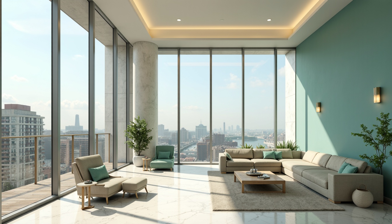 Prompt: Celadon-inspired penthouse, soft pale blue walls, creamy white marble floors, warm beige furnishings, subtle mint green accents, luxurious velvet fabrics, metallic gold lighting fixtures, sleek minimalist decor, floor-to-ceiling windows, breathtaking city skyline views, natural light pouring in, 1/1 composition, shallow depth of field, realistic textures, ambient occlusion.