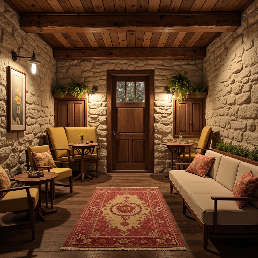 Prompt: Rustic basement, stone walls, wooden beams, earthy tones, soft warm lighting, plush area rugs, distressed wood furniture, vintage decor, French country style patterns, toile de Jouy fabrics, red and yellow hues, natural fiber textiles, woven baskets, linen upholstery, velvet pillows, subtle sheen, cozy atmosphere, intimate seating areas, built-in banquettes, wooden shutters, ornate metalwork, soft pastel colors, romantic ambiance, warm candlelight.