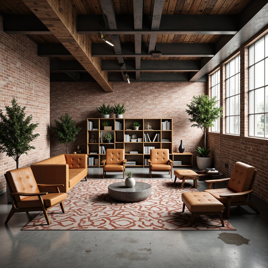 Prompt: Exposed brick walls, polished concrete floors, industrial metal beams, reclaimed wood accents, mid-century modern furniture, sleek low-profile sofas, tufted leather armchairs, geometric-patterned rugs, minimalist coffee tables, functional shelving units, vintage factory lighting, warm neutral color palette, abundant natural light, urban loft atmosphere, subtle distressed textures, 1-point perspective, softbox lighting, cinematic composition.