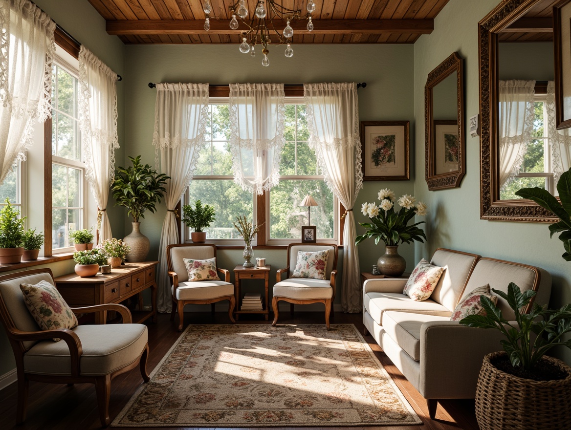 Prompt: Vintage sunroom, distressed wood accents, soft pastel colors, lace curtains, floral patterns, plush armchairs, velvet sofas, ornate mirrors, rustic wooden tables, woven rattan furniture, natural fiber rugs, potted plants, botanical prints, warm candlelight, soft diffused lighting, 1/1 composition, intimate atmosphere, romantic ambiance.