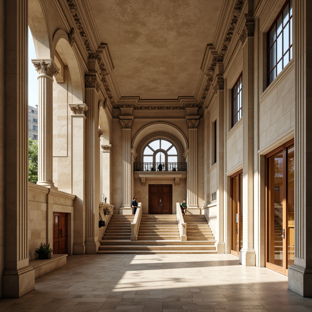 Prompt: Grand university hall, Corinthian columns, ornate capitals, rusticated bases, symmetrical facade, arched windows, carved stone details, classical pediment, dramatic staircase, imposing entrance, limestone walls, granite flooring, majestic atrium, natural light pouring, warm beige tones, subtle textures, 1/2 composition, soft box lighting, realistic reflections.