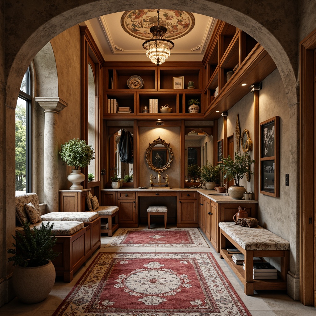 Prompt: Rustic mudroom, ornate wooden cabinetry, distressed finishes, vintage hardware, warm earthy tones, natural stone flooring, plush area rugs, elegant chandeliers, decorative mirrors, luxurious fabrics, rich velvet textiles, classic Renaissance-inspired architecture, grand entranceways, sweeping arches, ornate columns, beautiful frescoes, soft warm lighting, 1/2 composition, shallow depth of field, realistic textures, ambient occlusion.