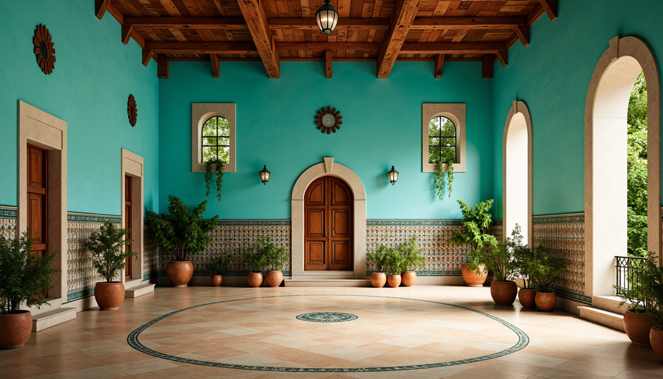 Prompt: Vibrant Mediterranean gymnasium, turquoise-blue walls, warm beige floors, rustic wooden accents, arched windows, ornate ironwork details, lush greenery, hanging vines, colorful Moroccan-inspired tiles, intricate geometric patterns, soft warm lighting, shallow depth of field, 3/4 composition, panoramic view, realistic textures, ambient occlusion.