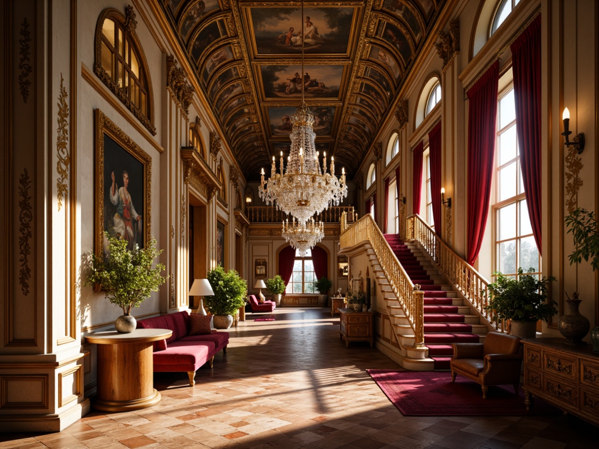 Prompt: Grandiose palace, intricately carved ornate facades, gilded accents, lavish frescoes, sweeping staircases, ornamental balustrades, velvet drapes, crystal chandeliers, opulent furnishings, rich tapestries, majestic archways, grand halls, dramatic lighting, warm golden tones, highly detailed textures, shallow depth of field, 1/2 composition, symmetrical framing, atmospheric perspective.