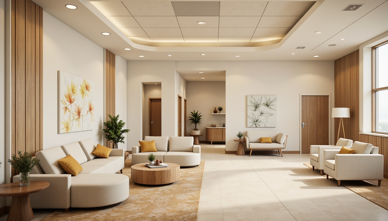 Prompt: Cream-colored waiting area, comfortable sofas, rounded coffee tables, elegant pendant lights, natural wood accents, subtle patterns, calming colors, minimalist decor, modern reception desks, sleek metal chairs, plush patient loungers, warm beige flooring, soft diffused lighting, 1/1 composition, realistic textures, ambient occlusion, serene atmosphere.