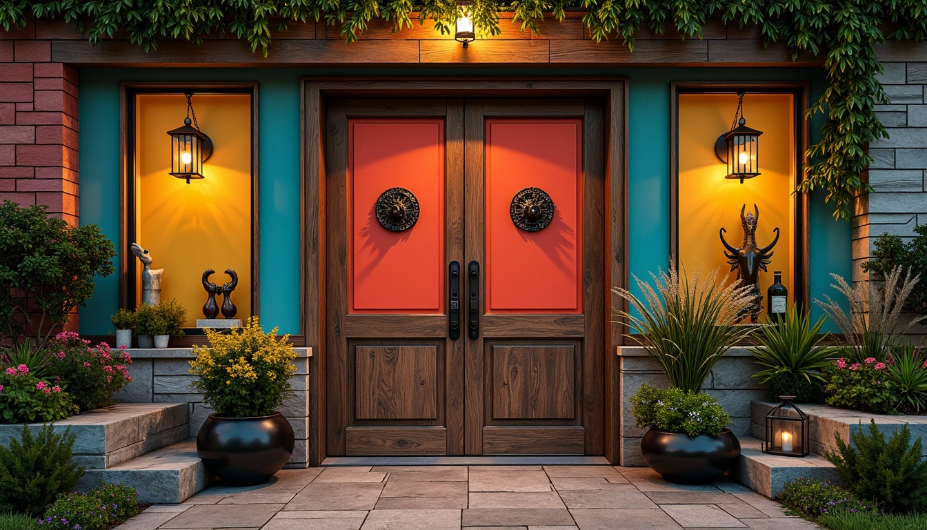 Prompt: Vibrant eclectic entrance, bold color blocking, ornate metal door handles, rustic wooden doors, distressed finishes, vintage hardware, whimsical decorative accents, oversized lanterns, unique sculptures, lush greenery, climbing vines, natural stone flooring, reclaimed wood walls, industrial chic lighting, shallow depth of field, 1/2 composition, dramatic shadows, warm ambient glow, realistic textures.