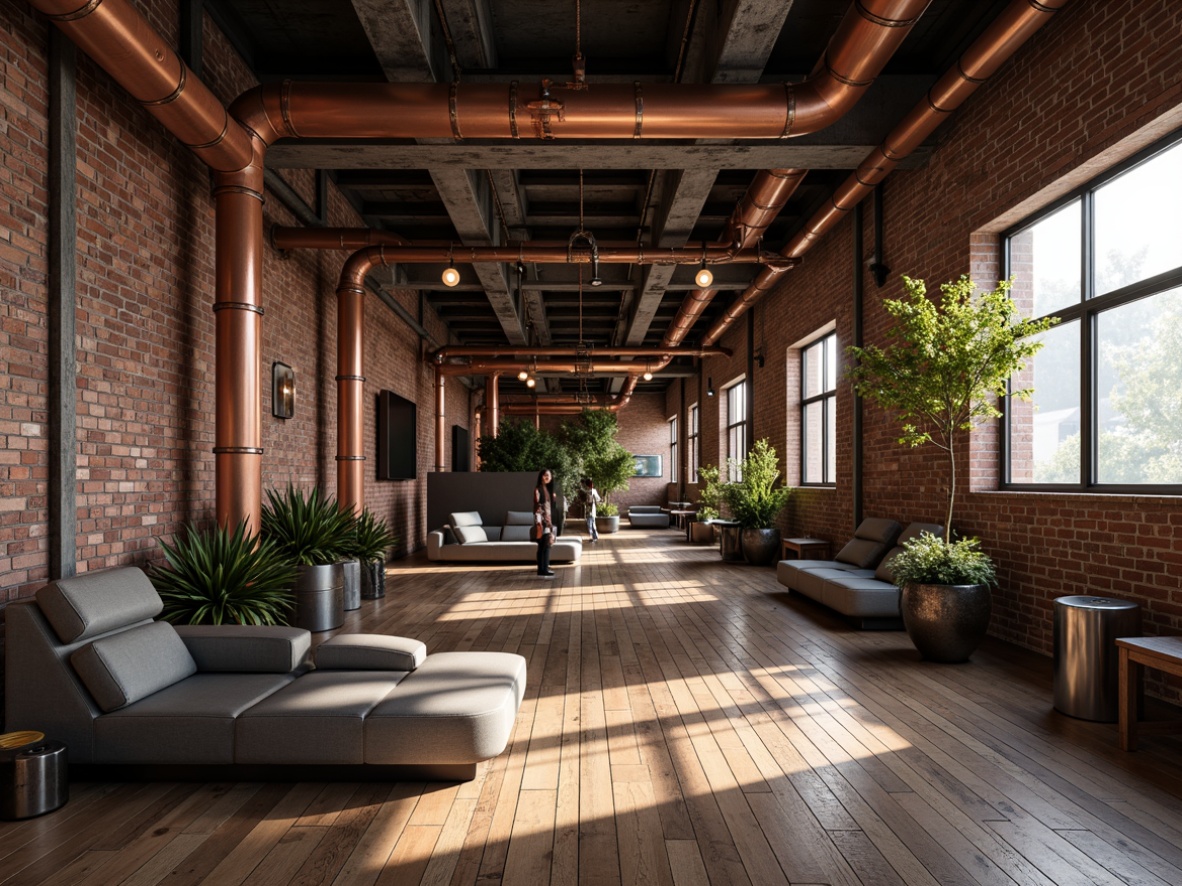 Prompt: Industrial chic interior, exposed copper pipes, distressed brick walls, reclaimed wood floors, metal beam ceilings, vintage machinery, Edison bulb lighting, urban loft atmosphere, gritty textured surfaces, minimalist color palette, natural light pouring in, shallow depth of field, 1/1 composition, realistic metallic reflections, ambient occlusion.