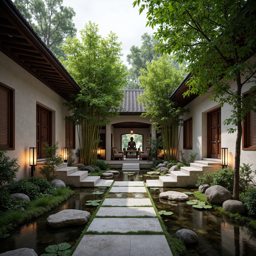 Prompt: Serenity-inspired monastery courtyard, lush green bamboo, tranquil water features, natural stone pathways, wooden bridges, intricately carved doors, lantern-lit corridors, peaceful Buddha statues, traditional Asian roof tiles, curved eaves, rustic wooden accents, minimalist furnishings, natural textiles, earthy color palette, warm soft lighting, shallow depth of field, 2/3 composition, harmonious balance, subtle ornate details.