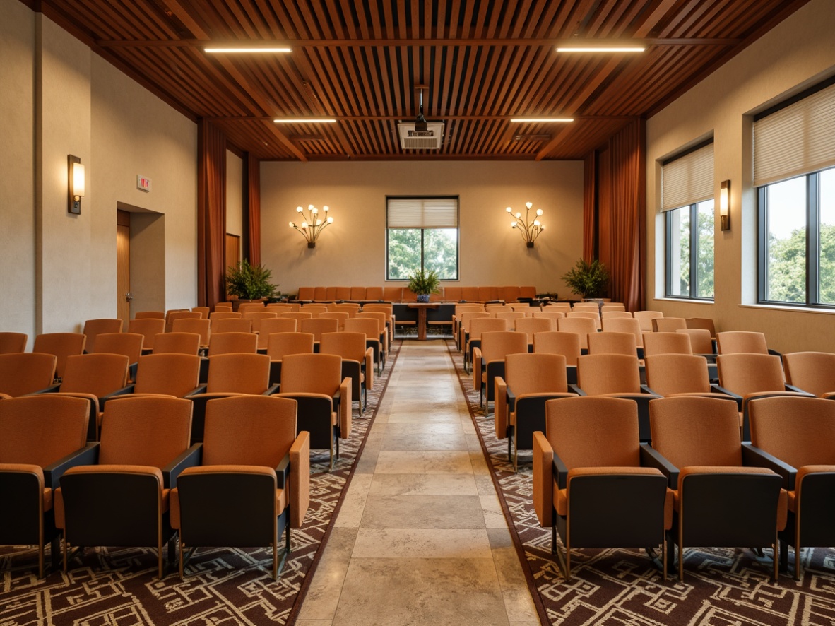 Prompt: Mid-century modern auditorium, curved rows of seating, wooden chairs with upholstery, sleek metal armrests, geometric patterned carpet, warm beige walls, minimalist chandeliers, natural stone flooring, floor-to-ceiling windows, abundance of natural light, soft warm lighting, 1/1 composition, shallow depth of field, realistic textures, ambient occlusion.