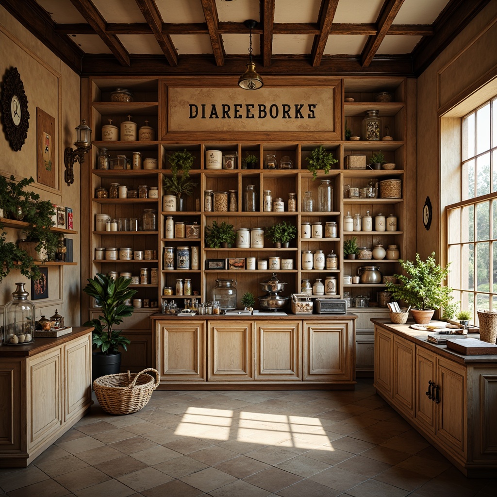 Prompt: Vintage grocery store, distressed wood shelving, rustic metal brackets, ornate decorative trim, warm beige walls, classic signage, nostalgic product displays, apothecary-style jars, woven wicker baskets, rich wood tones, elegant glass containers, soft warm lighting, shallow depth of field, 3/4 composition, realistic textures, ambient occlusion.