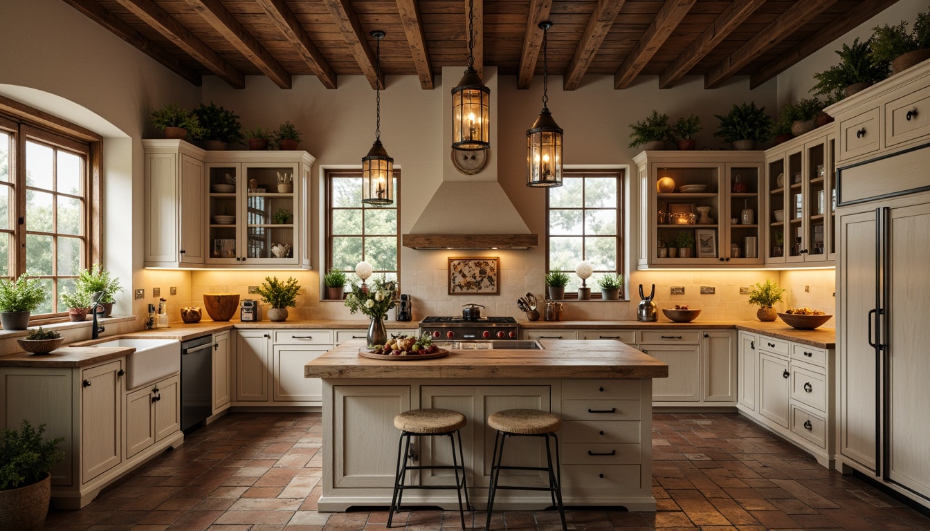 Prompt: Rustic kitchen, distressed finishes, vintage appliances, soft warm lighting, candlelit ambiance, pendant lanterns, wrought iron chandeliers, mercury glass pendants, creamy white cabinets, worn wooden countertops, natural stone flooring, brick backsplashes, earthy color palette, warm beige tones, antique hardware, ornate metalwork, farmhouse sinks, rustic wooden beams, softbox lighting, 1/1 composition, realistic textures, ambient occlusion.