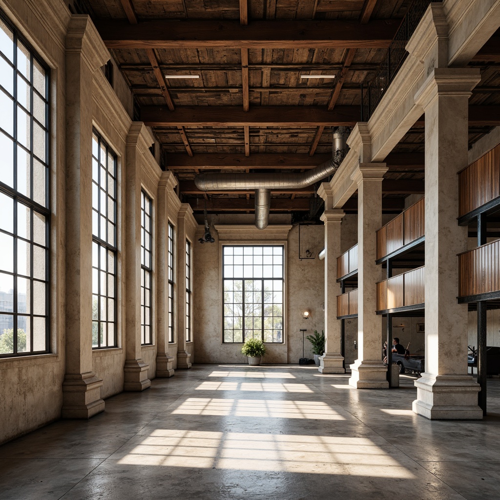 Prompt: Grand warehouse interior, neoclassical columns, ornate capitals, rusticated stone bases, polished marble floors, high ceilings, large windows, natural light pouring in, industrial chic atmosphere, distressed wooden beams, metal accents, exposed ductwork, urban loft feel, soft warm lighting, shallow depth of field, 3/4 composition, realistic textures, ambient occlusion.