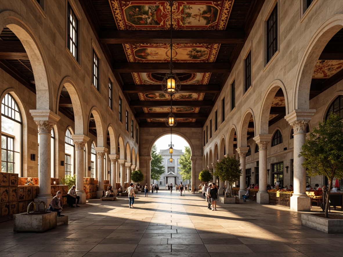 Prompt: Renaissance-style distribution center, ornate stone fa\u00e7ade, grand archways, rustic wooden beams, vintage metal lanterns, elegant chandeliers, intricate fresco ceilings, luxurious textiles, rich velvet fabrics, golden embroidery, majestic columns, high ceilings, large windows, soft warm lighting, shallow depth of field, 3/4 composition, panoramic view, realistic textures, ambient occlusion.