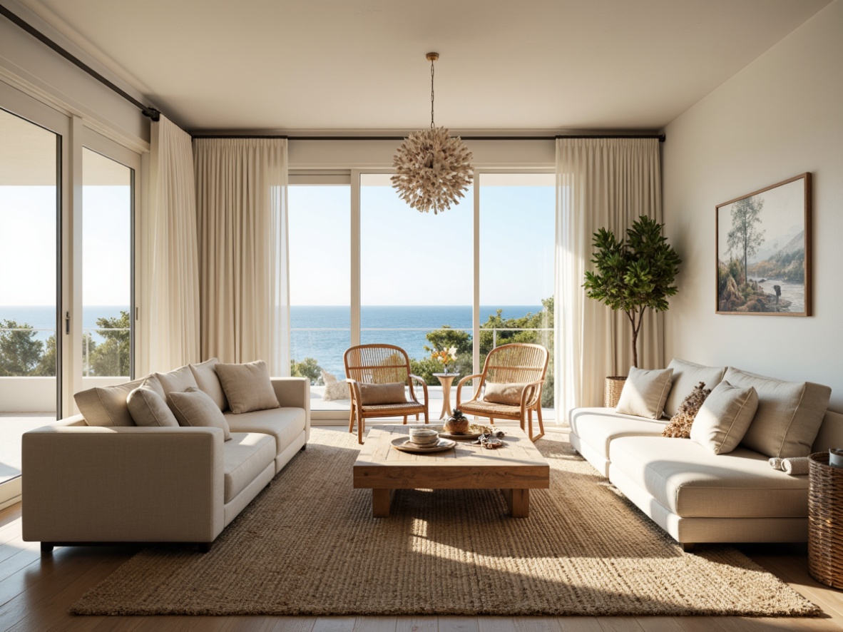 Prompt: Coastal living room, large windows, sliding glass doors, ocean views, natural light pouring in, creamy white walls, driftwood accents, woven sea grass rugs, plush sofas, nautical-themed decor, shells, coral, pebbles, soft beige curtains, billowy white drapes, airy atmosphere, minimal ornamentation, rustic wooden coffee tables, woven rattan armchairs, seashell-inspired chandeliers, warm sunny day, shallow depth of field, 1/2 composition, panoramic view, realistic textures, ambient occlusion.