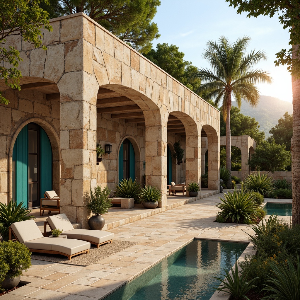 Prompt: Warm Mediterranean villa, textured stone walls, rustic archways, ornate iron doors, vibrant turquoise accents, lush greenery, blooming flowers, tranquil water features, natural stone flooring, earthy color palette, warm sunny day, soft golden lighting, shallow depth of field, 3/4 composition, panoramic view, realistic textures, ambient occlusion.