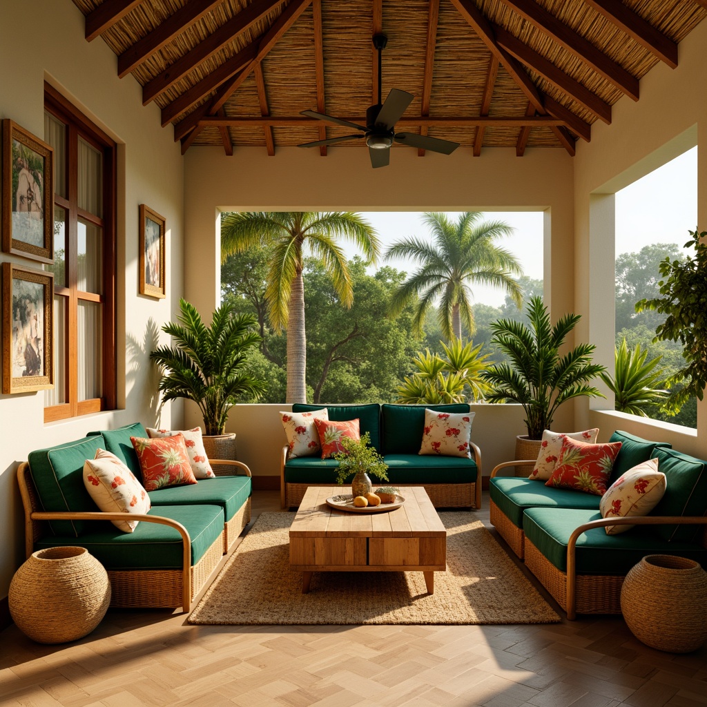 Prompt: Cozy tropical family room, warm beige walls, natural woven furniture, plush green velvet sofas, reclaimed wood coffee tables, rattan armchairs, vibrant floral patterns, colorful throw pillows, potted palm trees, lush greenery, woven bamboo rugs, soft golden lighting, shallow depth of field, 1/1 composition, relaxed atmosphere, organic textures, warm ambient occlusion.