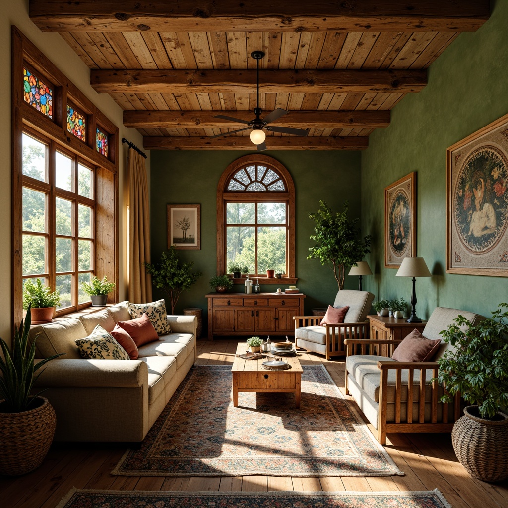 Prompt: Rustic farmhouse interior, ornate Art Nouveau details, warm earthy tones, rich wood accents, distressed finishes, vintage furniture pieces, floral patterns, organic shapes, natural textures, moss green walls, weathered wooden beams, soft cream ceilings, ornate metalwork, stained glass windows, warm golden lighting, cozy atmosphere, inviting seating areas, plush throw blankets, woven baskets, natural fiber rugs, earthy scents, soft focus, shallow depth of field, 1/2 composition, warm color harmony.