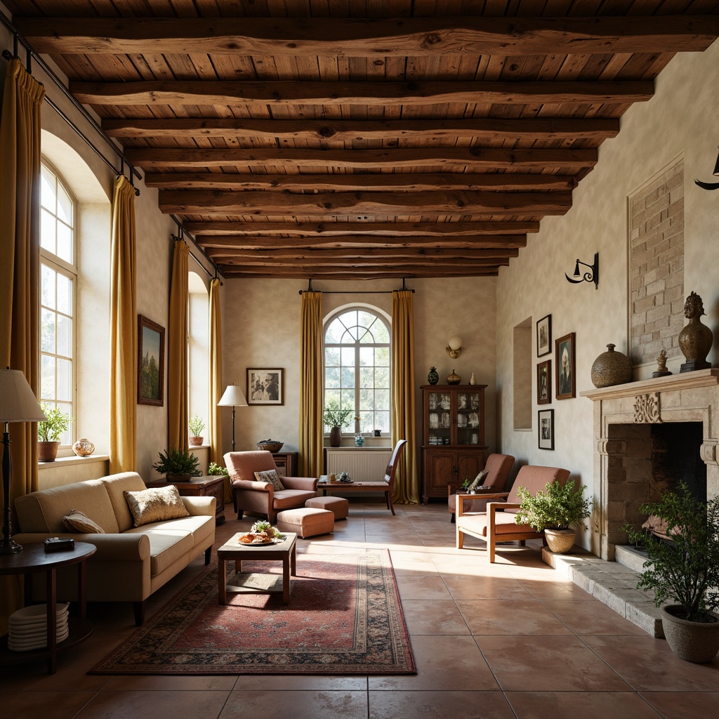 Prompt: Rustic countryside chateau, wooden ceiling beams, distressed finishes, soft warm lighting, creamy white walls, ornate wooden furniture, velvet drapes, vintage decor, antique fixtures, limestone fireplaces, arched windows, terracotta floors, French country charm, cinematic drama, low-angle shots, warm color palette, natural textures, ambient occlusion, 1/2 composition, cinematic framing.