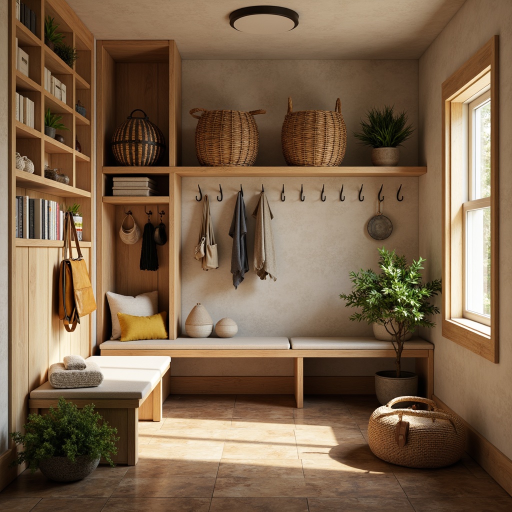 Prompt: Cozy mudroom, warm earth tones, natural wood accents, calming beige walls, rich brown floors, vibrant greenery, woven baskets, plush textiles, metal hooks, functional shelving, rustic wooden benches, soft warm lighting, shallow depth of field, 1/2 composition, inviting atmosphere.