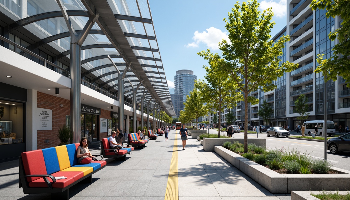 Prompt: Modern bus station, sleek steel framework, curved glass roofs, natural ventilation systems, ample seating areas, comfortable benches, vibrant colorful upholstery, stainless steel armrests, integrated USB charging stations, ambient LED lighting, spacious waiting lounges, clear signage displays, real-time schedule information, wheelchair-accessible ramps, safety cameras, urban cityscape views, sunny afternoon light, shallow depth of field, 1/1 composition, realistic textures.