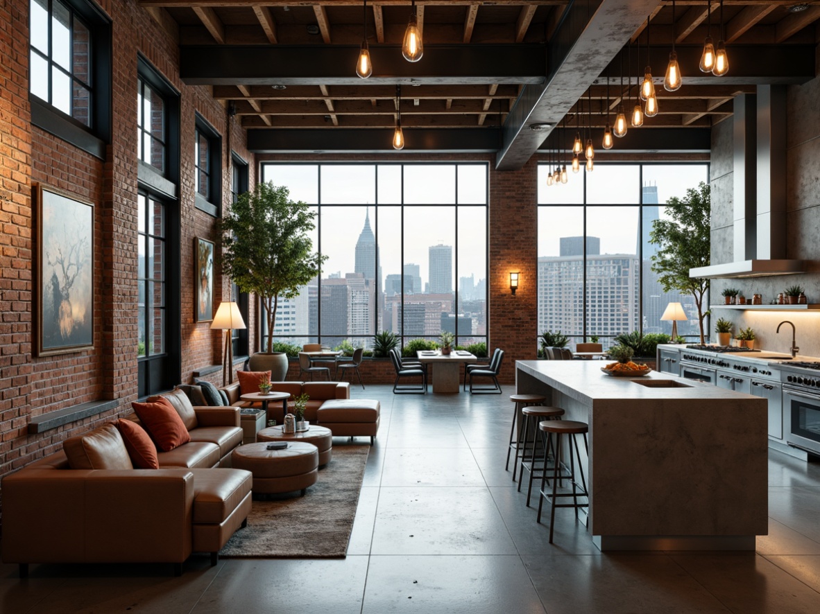 Prompt: Exposed brick walls, polished concrete floors, industrial metal beams, reclaimed wood accents, urban cityscape views, floor-to-ceiling windows, minimalist decor, modern industrial lighting, sleek steel kitchen appliances, poured concrete countertops, metallic color schemes, distressed leather furniture, Edison bulb fixtures, abstract artwork, industrial-style shelving units, low-maintenance greenery, atmospheric misting systems, softbox lighting, 1-point perspective composition, cinematic camera angles.