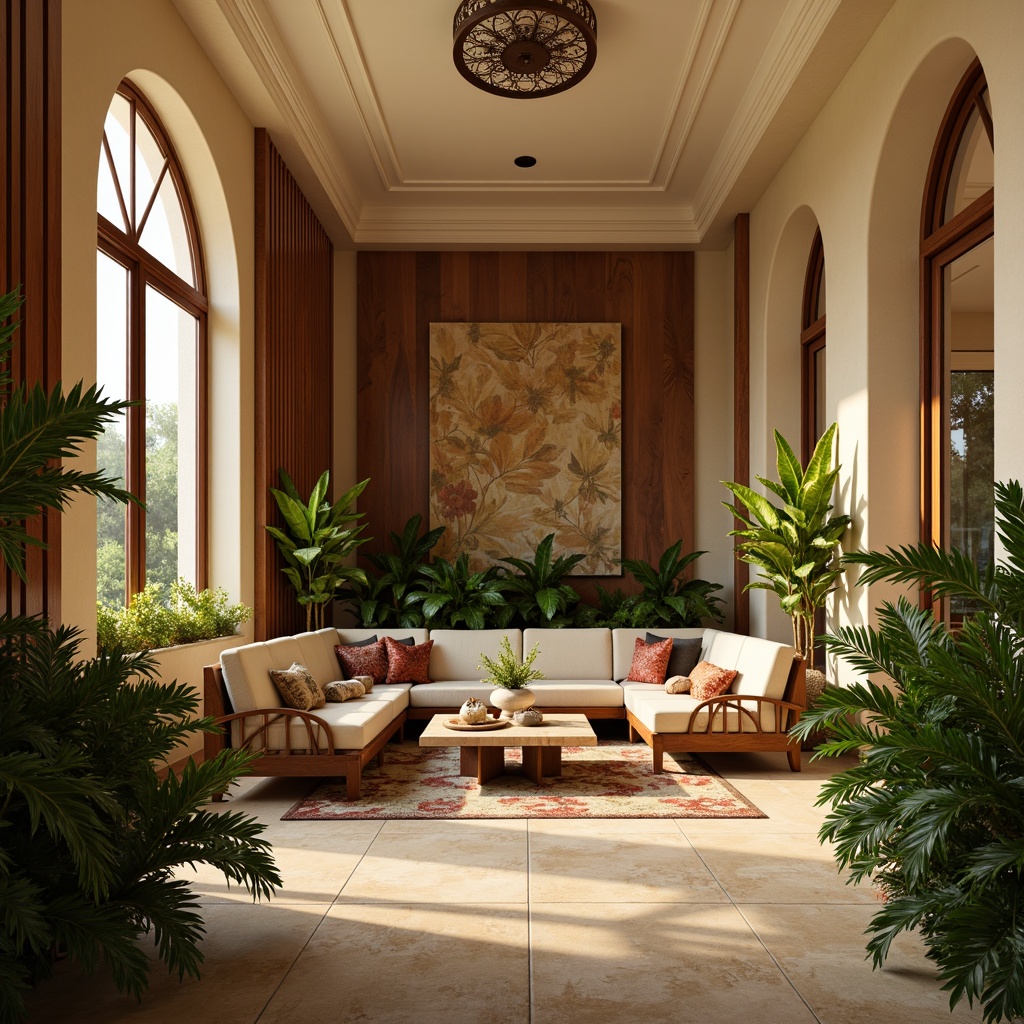 Prompt: Warm beige walls, rich wood accents, lush greenery, vibrant floral patterns, natural stone floors, tropical leaf-inspired furniture, creamy white ceilings, elegant archways, ornate metal details, warm golden lighting, soft diffused shadows, 1/1 composition, intimate atmosphere, realistic textures, subtle ambient occlusion.