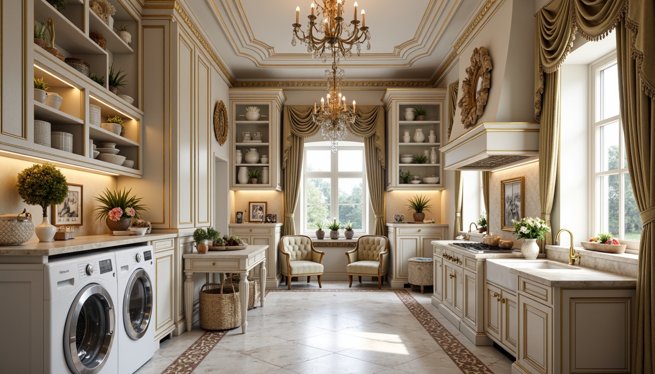 Prompt: Intricate laundry room, ornate Rococo style cabinetry, golden hardware, soft pastel hues, delicate florals, curved silhouettes, scalloped edges, luxurious marble countertops, velvet drapes, crystal chandeliers, gilded mirrors, carved wooden accents, French provincial furniture, distressed finishes, warm candlelight, shallow depth of field, 1/1 composition, realistic textures, ambient occlusion.