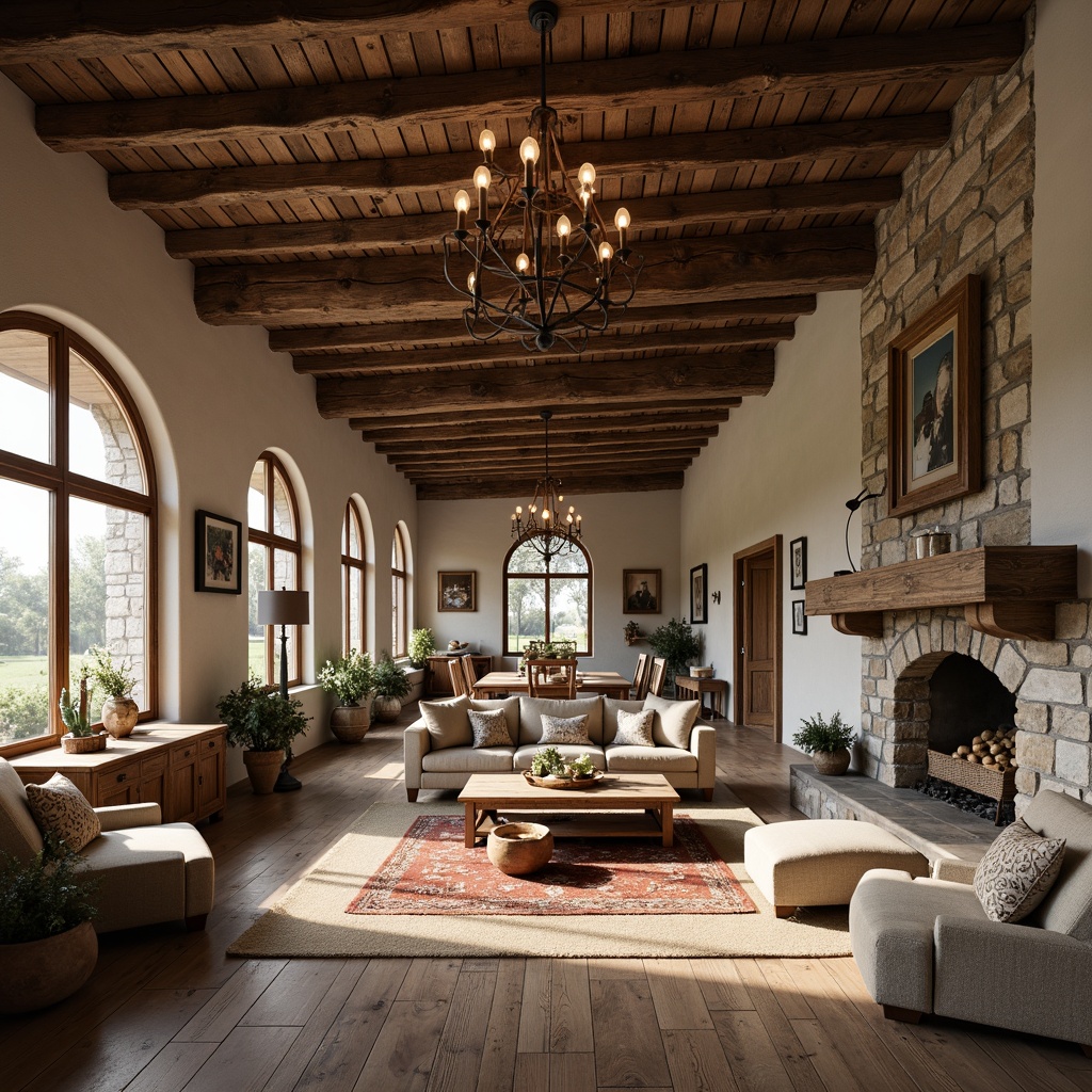 Prompt: Rustic farmhouse, vintage agricultural tools, distressed wooden accents, natural stone walls, earthy color palette, weathered metal roofs, reclaimed barn wood, wooden beams, rustic chandeliers, linen fabrics, burlap textures, country-style furniture, floral patterns, soft warm lighting, cozy atmosphere, shallow depth of field, 1/1 composition, realistic renderings.