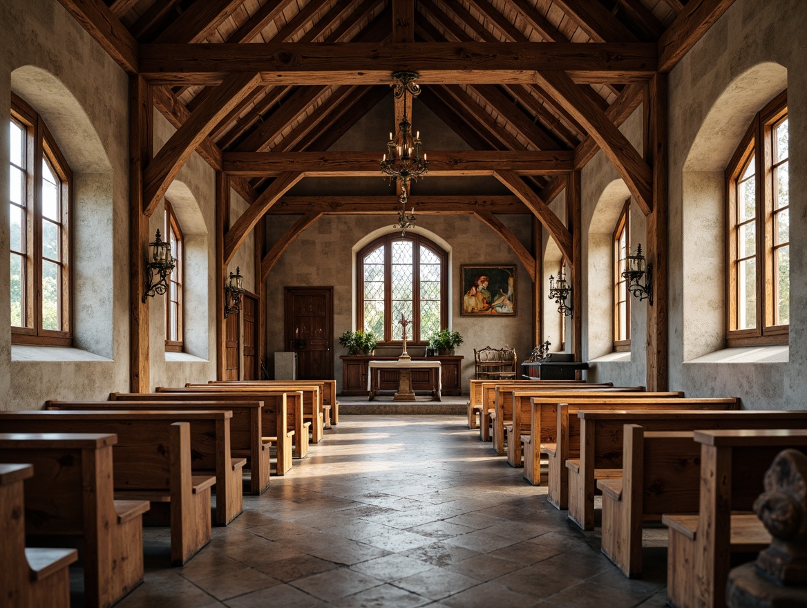 Prompt: Rustic church interior, wooden accents, distressed wood panels, reclaimed wood benches, wooden crosses, vaulted ceilings, natural stone walls, earthy tone color palette, warm soft lighting, subtle shadows, shallow depth of field, 1/1 composition, symmetrical view, realistic textures, ambient occlusion, stained glass windows, ornate metal fixtures, vintage-inspired decorations, traditional Christian symbols, cozy intimate atmosphere, serene ambiance.