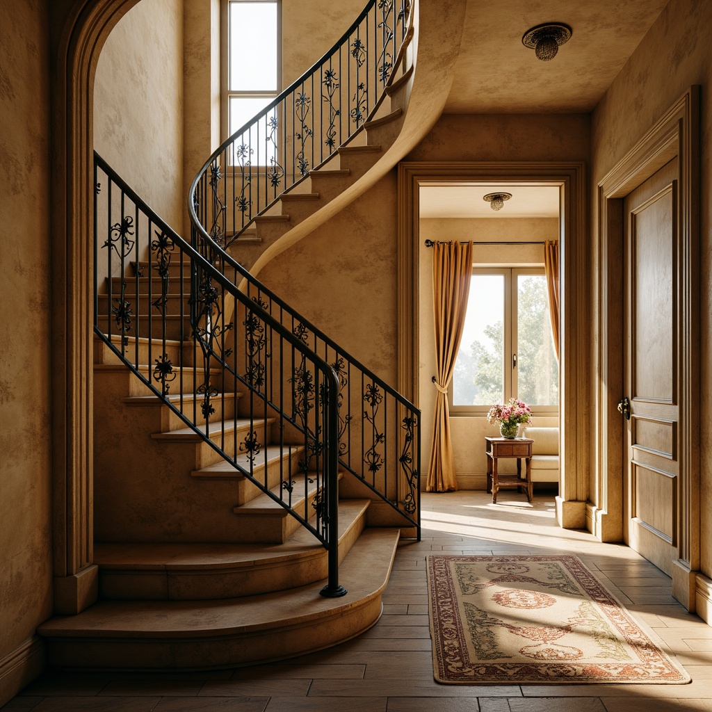 Prompt: Elegant French country staircase, ornate iron railings, distressed wood banisters, soft golden lighting, warm beige stone walls, rustic wooden floorboards, vintage decorative accents, curved stair treads, carved newel posts, flowing drapery, subtle floral patterns, muted earthy tones, gentle warm atmosphere, shallow depth of field, 1/2 composition, intimate close-up shots, realistic textures, ambient occlusion.