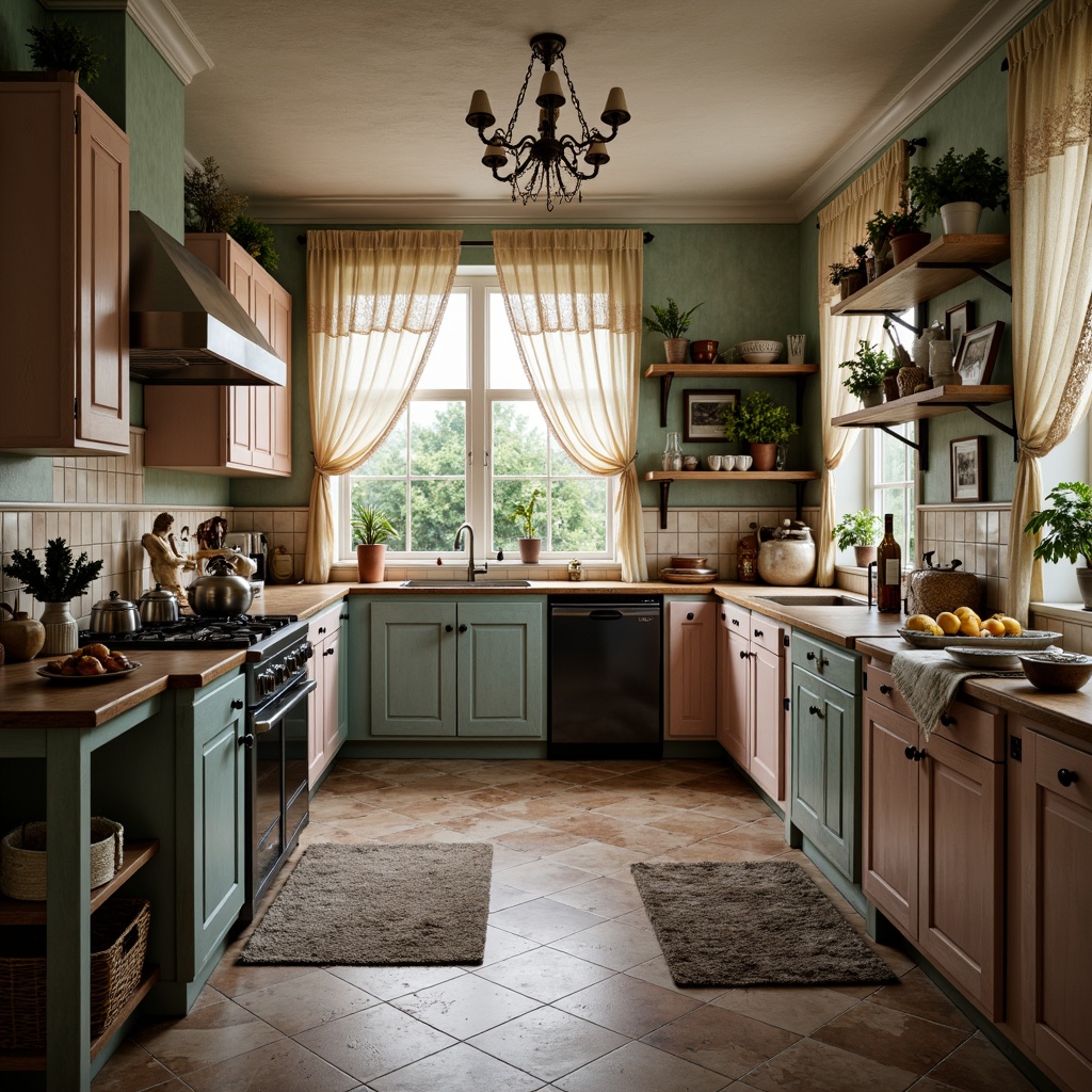 Prompt: Vintage kitchen, distressed finishes, soft pastel colors, ornate metalware, lace curtains, rustic wooden furniture, floral patterns, delicate ceramics, antique appliances, warm candlelight, natural stone countertops, woven baskets, greenery arrangements, elegant chandeliers, subtle textures, shallow depth of field, 1/1 composition, warm color palette.