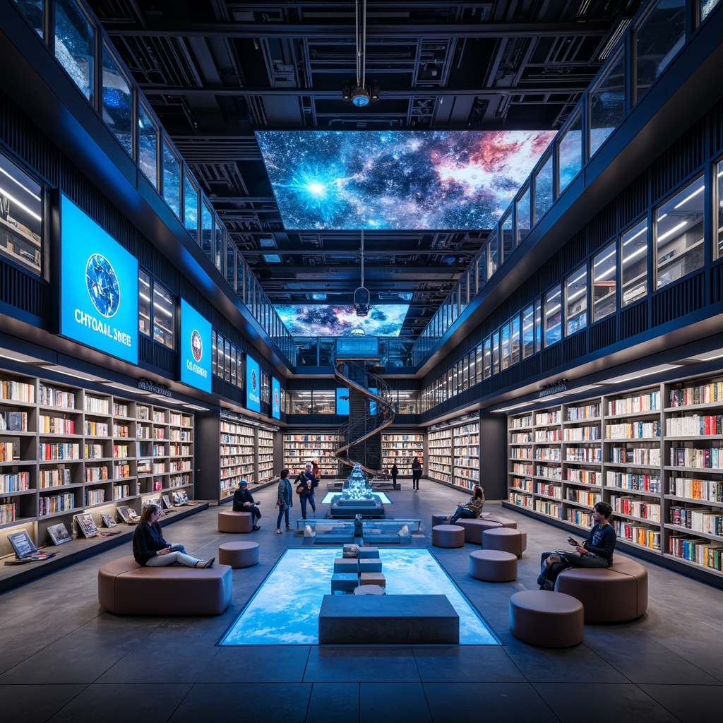 Prompt: Galactic bookstore, neon-lit shelves, holographic book displays, futuristic reading pods, zero-gravity seating areas, metallic flooring, celestial-inspired ceiling design, ambient LED lighting, 3D-printed book sculptures, transparent glass walls, minimalist decor, high-tech book recommendation systems, augmented reality interfaces, space-age furniture, orbiting staircase, atmospheric misting system, soft futuristic soundscapes, shallow depth of field, panoramic view, realistic metallic textures, ambient occlusion.