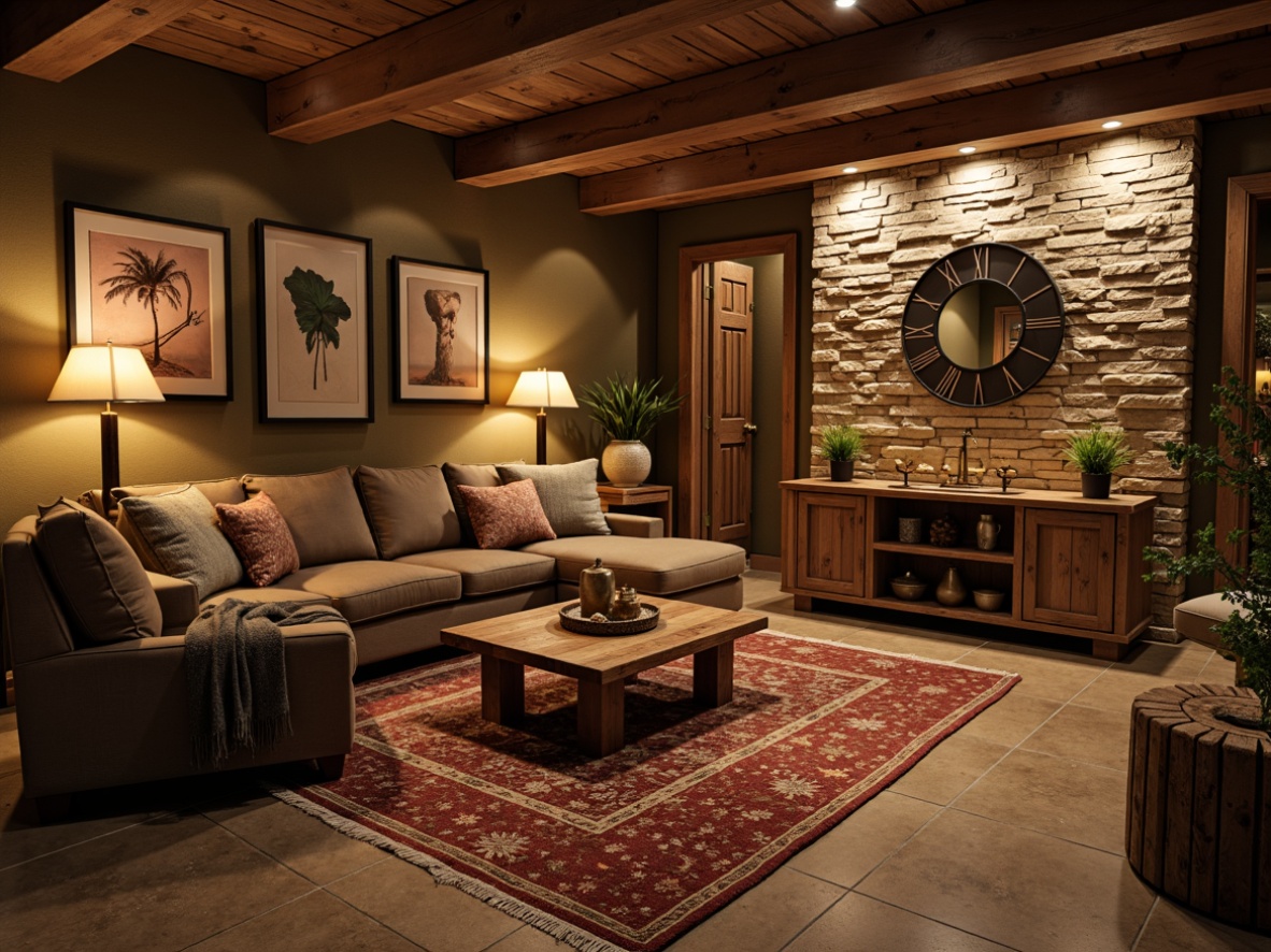 Prompt: Cozy basement, warm lighting, plush area rug, comfortable sectional sofa, rustic wooden coffee table, vintage metal decor, earthy tone walls, natural stone accents, ambient shadowing, 3/4 composition, soft focus effect, realistic textures.