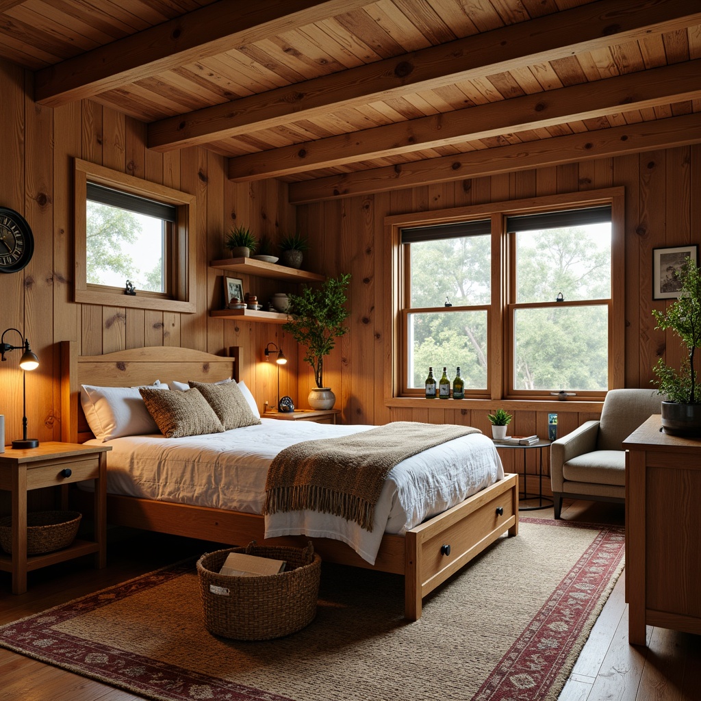 Prompt: Cozy craftsman bedroom, wooden furniture, rustic oak wood tones, plush area rugs, comfortable reading nooks, warm pendant lighting, earthy color palette, natural textiles, woven baskets, handmade quilts, vintage metal fixtures, distressed finishes, organic shapes, soft candlelight, 1/1 composition, intimate atmosphere, realistic wood grain textures.