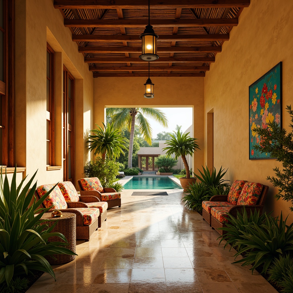 Prompt: Vibrant tropical hallway, warm sandy beige walls, exotic wooden accents, lush greenery, palm tree silhouettes, colorful floral patterns, bright coral red, turquoise blue, sunny yellow, soft mint green, natural stone flooring, woven rattan furniture, intricate tribal textiles, ambient warm lighting, shallow depth of field, 1/1 composition, realistic reflections, detailed normal maps.