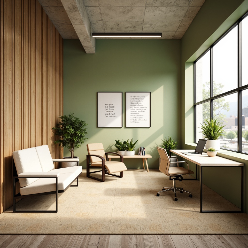 Prompt: Calming office atmosphere, earthy tones, natural wood accents, soft green walls, creamy white furniture, warm beige carpets, minimalist decor, plenty of natural light, large windows, sleek metal frames, modern office chairs, collaborative workspaces, inspirational quotes, subtle texture overlays, shallow depth of field, 2/3 composition, realistic renderings, ambient occlusion.