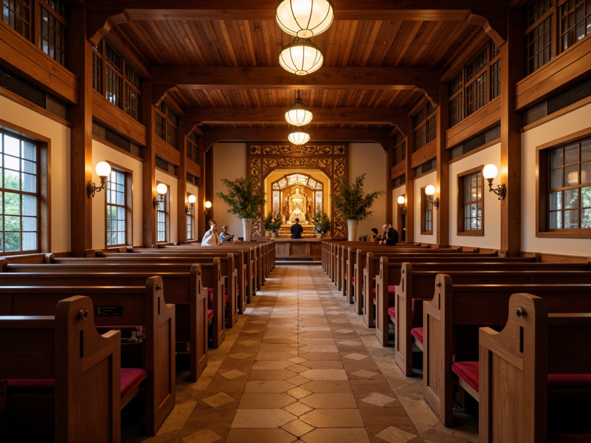 Prompt: Intricate wooden pews, traditional Asian-inspired carvings, soft golden lighting, serene atmosphere, elegant chandeliers, gentle curves, natural wood tones, subtle incense aroma, peaceful ambiance, harmonious color scheme, minimal ornamentation, simplistic elegance, cultural heritage influences, respectful reverence, tranquil worship space, calm contemplation area, comfortable cushioning, gentle aisle illumination, subtle symbolic motifs.