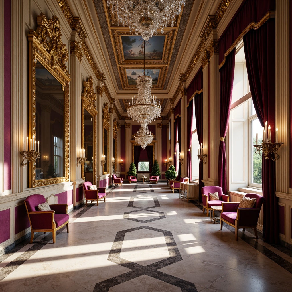 Prompt: Opulent baroque interior, rich velvet fabrics, golden ornate frames, luxurious marble floors, crystal chandeliers, intricate fresco ceilings, warm beige walls, regal purple accents, lavish gold leaf details, soft candlelight, dramatic shadowing, 1/1 composition, shallow depth of field, realistic textures, ambient occlusion.