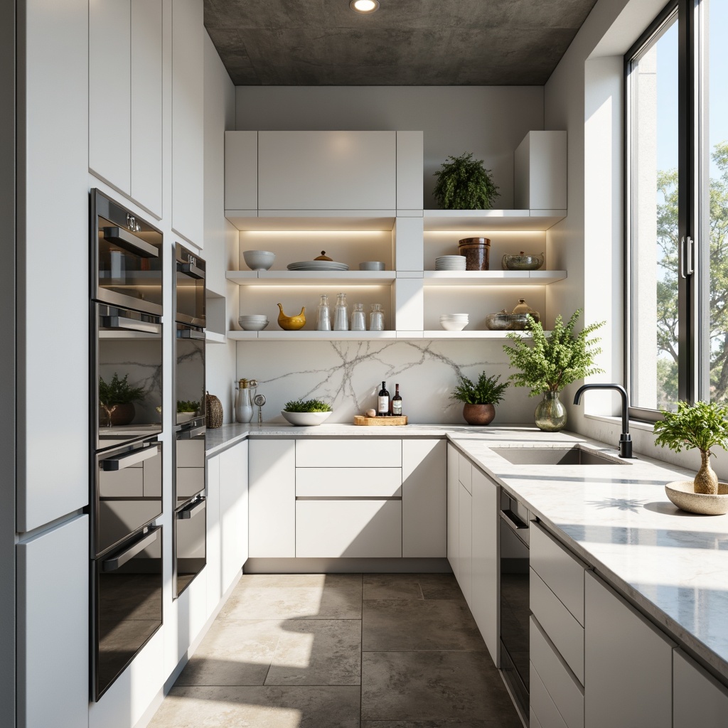 Prompt: Modern pantry interior, sleek countertops, marble textures, high-gloss finish, white cabinetry, chrome hardware, LED lighting, geometric patterns, minimalist decor, natural stone flooring, urban loft atmosphere, morning sunlight, shallow depth of field, 1/1 composition, softbox lighting, realistic reflections.